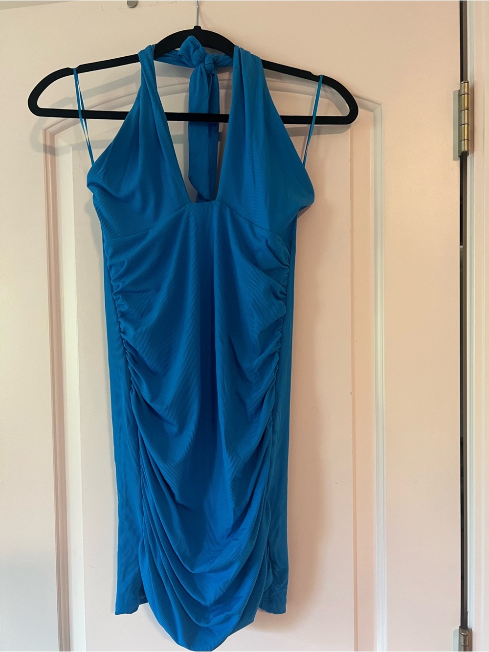 Blue Halter Ruched Sheath Dress